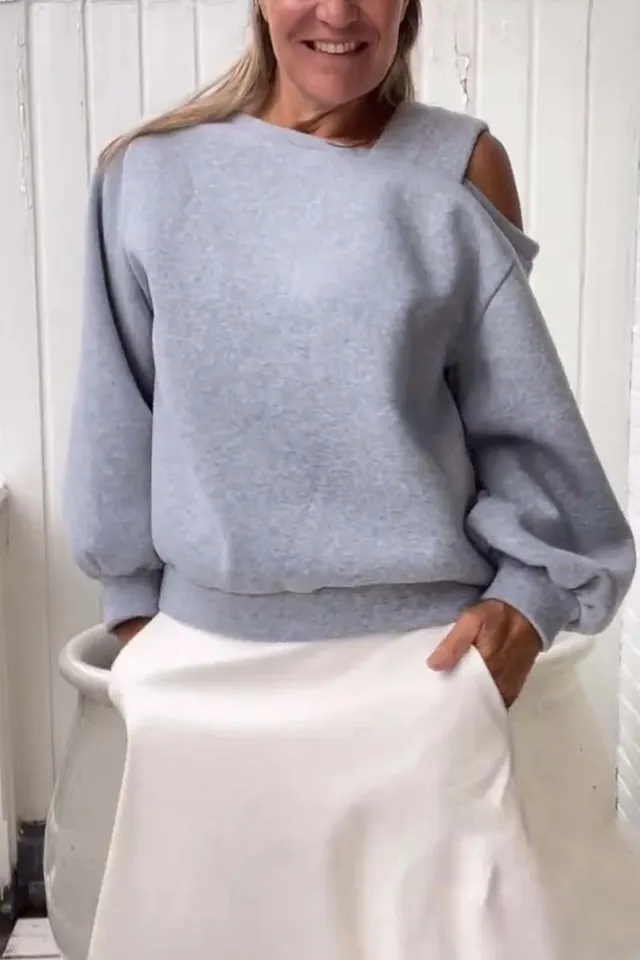 Leisure Off shoulder Loose Long Sleeve Fleece lined Bathroom Light Gray - Shop at LoveMi