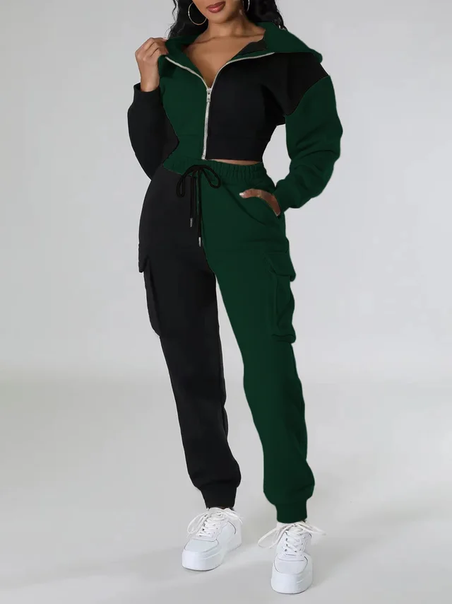 Fashion Double Mixed Color Hooded Autumn Suit Dark Green - Shop at LoveMi