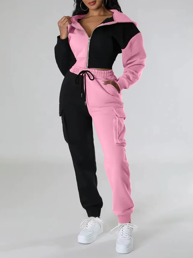 Fashion Double Mixed Color Hooded Autumn Suit Light Pink - Shop at LoveMi