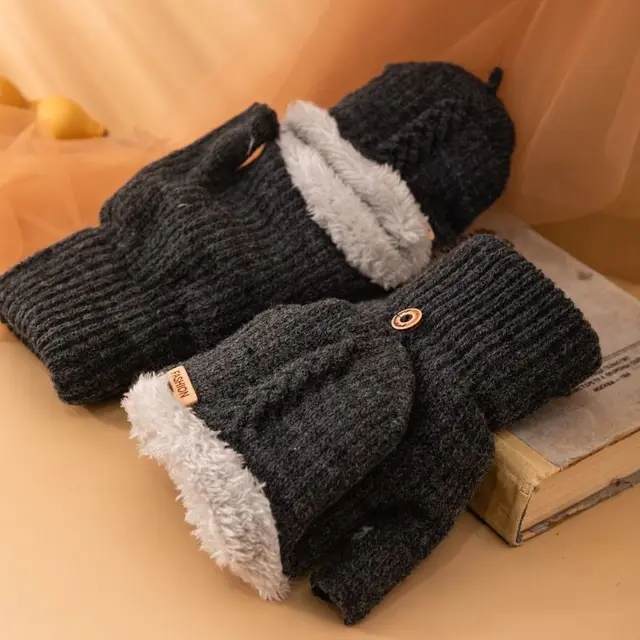 Men's Flip Knitting Wool Gloves Students Warm keeping Dark Gray - Shop at LoveMi