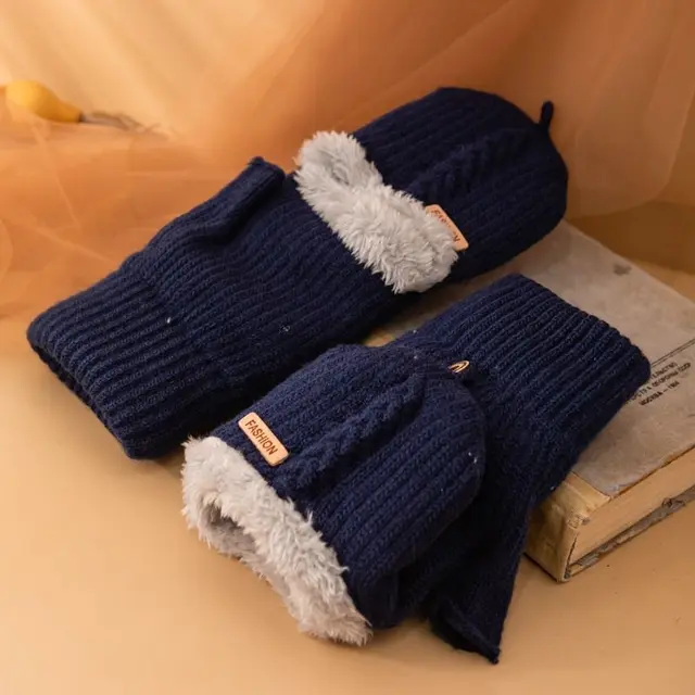 Men's Flip Knitting Wool Gloves Students Warm keeping Navy Blue - Shop at LoveMi