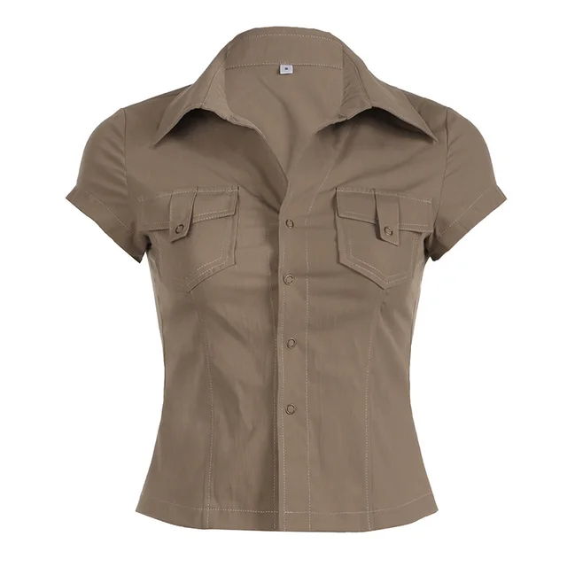 European And American Minimalist Basic Lapel Snap Fastener Tooling Style Shirt Short Sleeve Top Brown - Shop at LoveMi