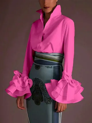 Women's Solid Colour Slim Casual Ruffle Sleeve Shirt Top - Pink