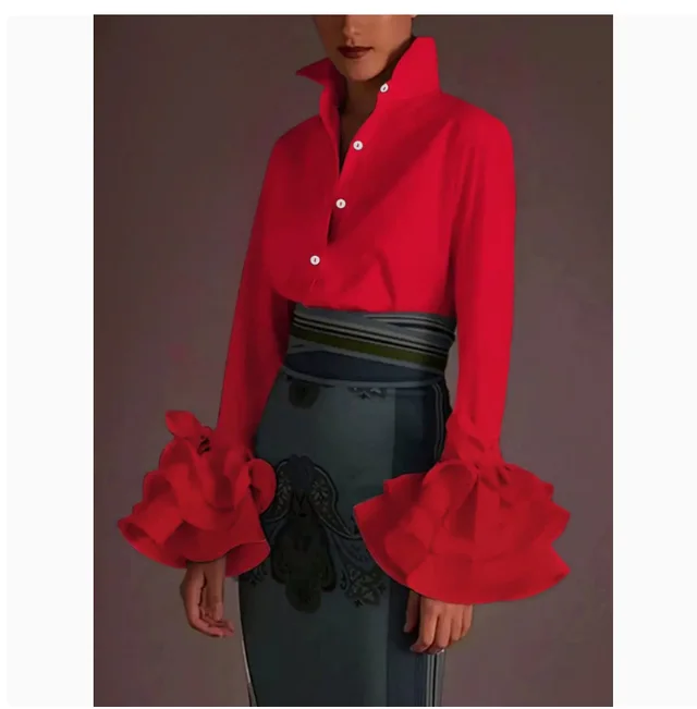 Women's Solid Color Slim Casual Ruffle Sleeve Shirt Top Red - Shop at LoveMi