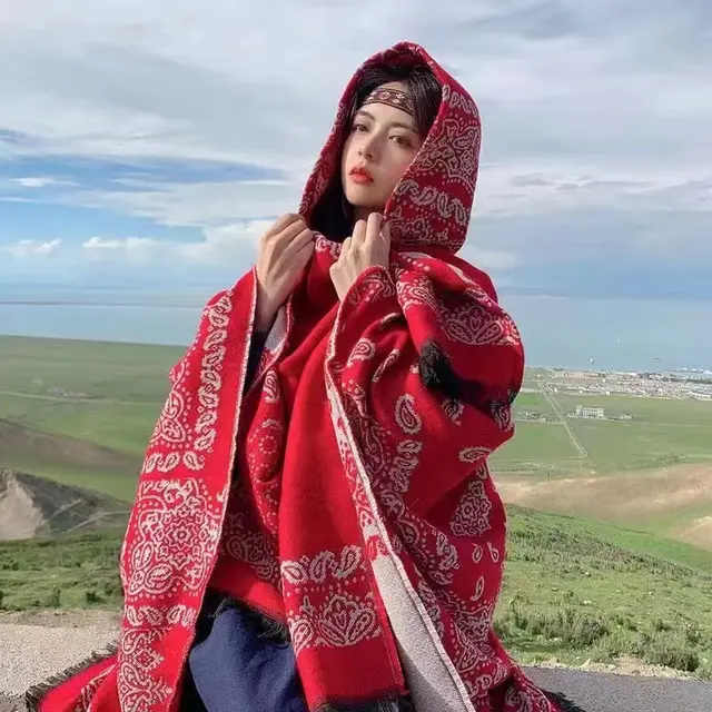 Ethnic Style Desert Seaside Photograph Cloak Autumn And Winter Artificial Cashmere Scarf Cashew Red - Shop at LoveMi