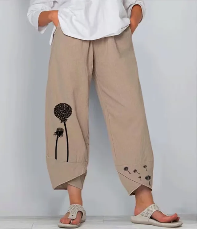 Women's Casual Printed Cotton And Linen High Waist Cropped Pants Khaki - Shop at LoveMi