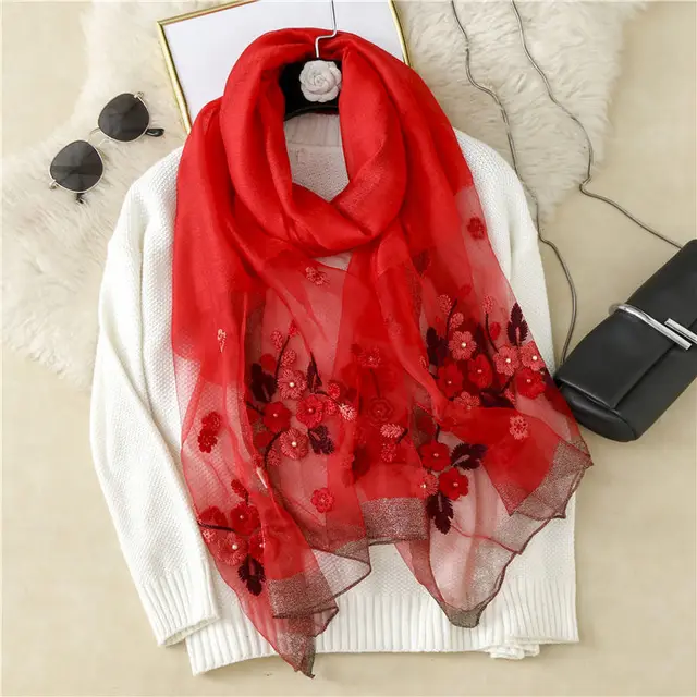Wool Embroidery Begonia Scarf Long Begonia Bright Red - Shop at LoveMi