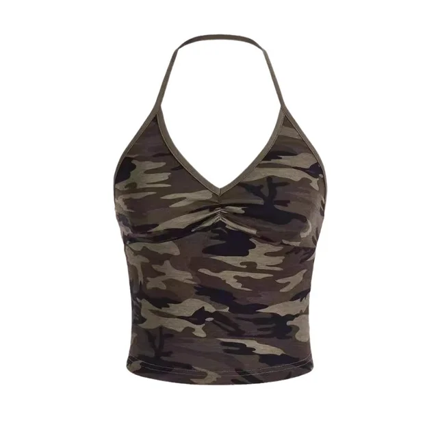 Camouflage V neck Sleeveless Backless Slim Fit Slimming And Short Vest Army Green - Shop at LoveMi