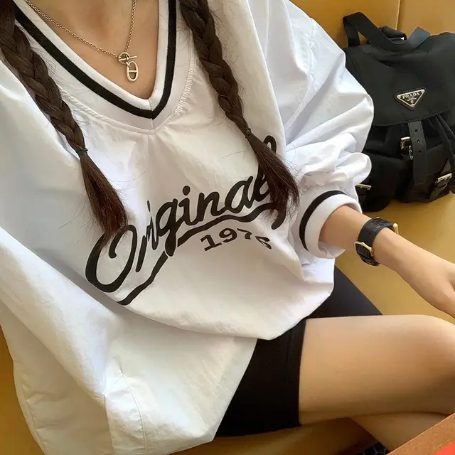 Women's Long Sleeve V neck Printed Loose Sweatshirt Korean Style White - Shop at LoveMi