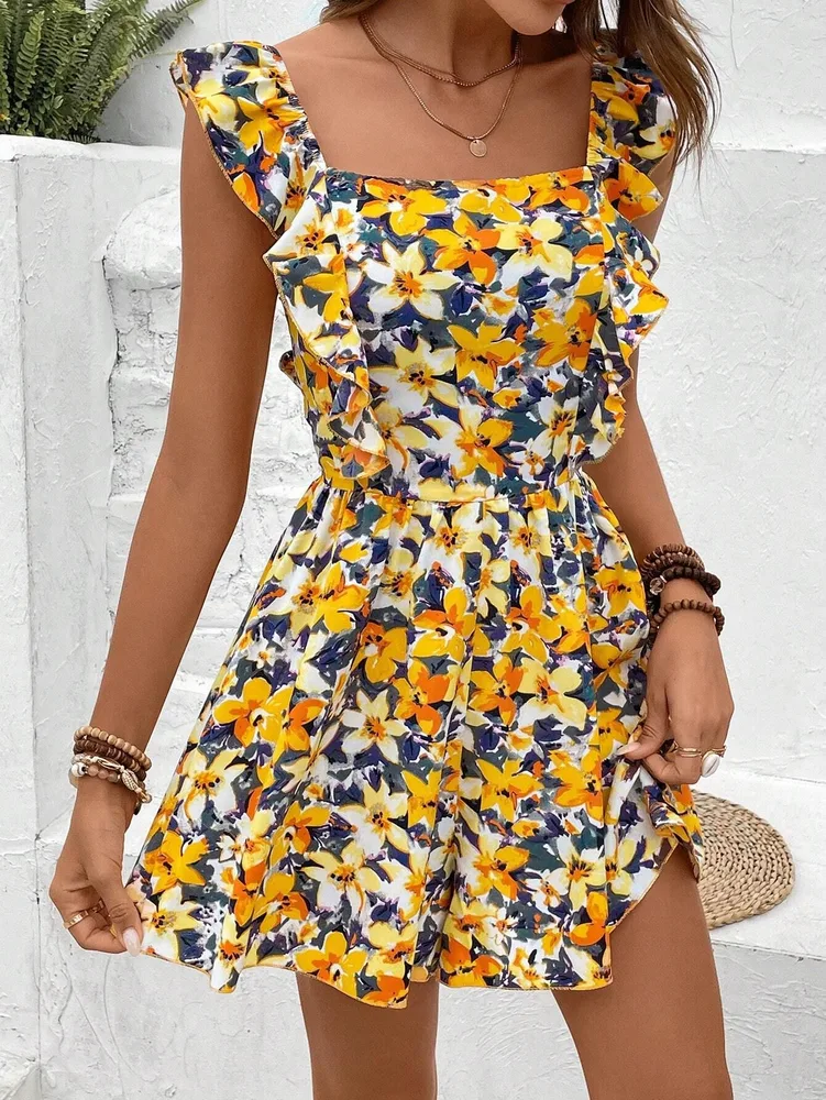 Elegant Sleeveless Square Collar Printed Elastic Waist Back Slingback One piece Shorts Yellow - Shop at LoveMi