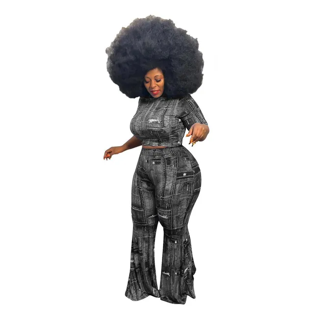 Women's Clothing Denim Printing Plus Size Two piece Suit Gray - Shop at LoveMi