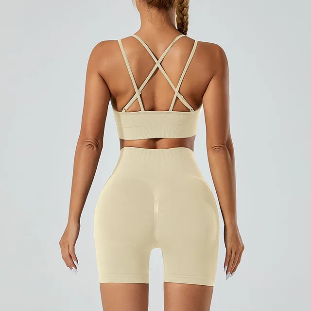 Seamless Push Up Sports Bra High Waist Hip Lift Yoga Pants Suit Khaki - Shop at LoveMi