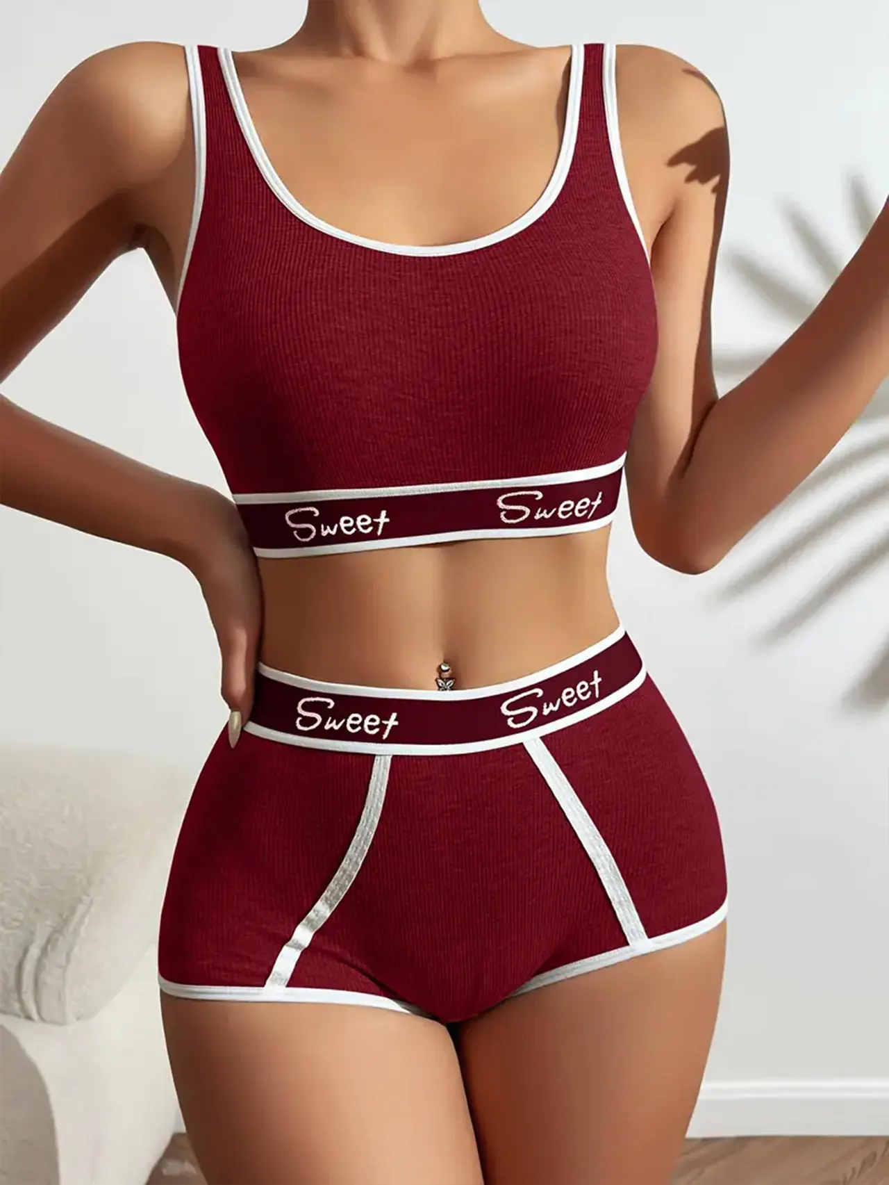 Workout Underwear Cotton Wide-brimmed Letters Sports Underwear Suit - Red Coffee Color