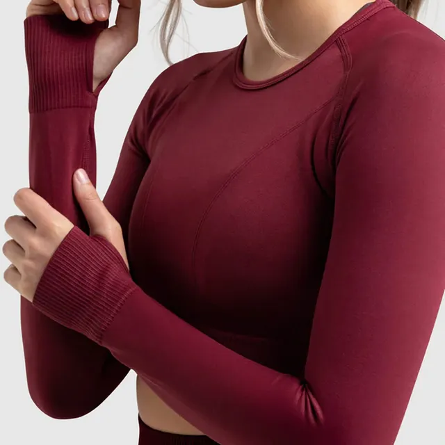 Seamless Peach Hip Fitness Trousers Sports Bra Yoga Clothes Suit Wine Red Long Sleeve - Shop at LoveMi