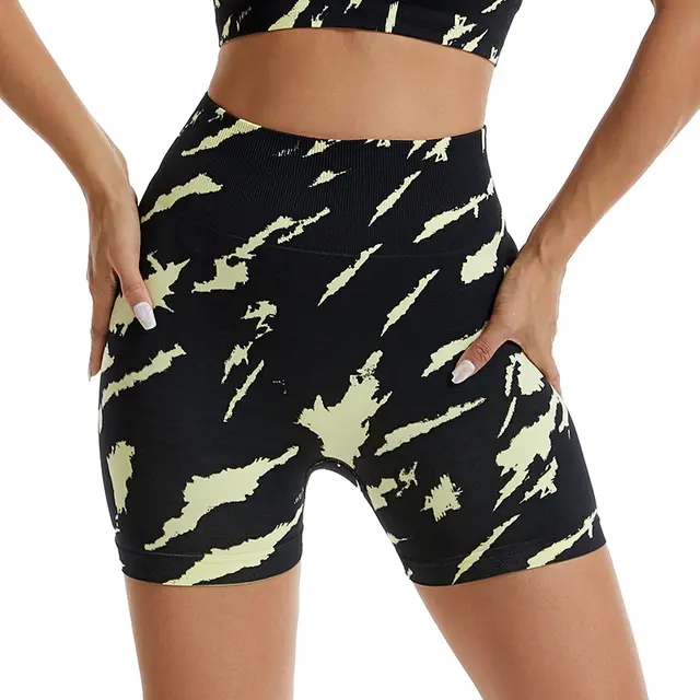 Seamless Knitted Camouflage Printing Yoga Shorts Outdoor Running Fitness Pants Black And Yellow - Shop at LoveMi