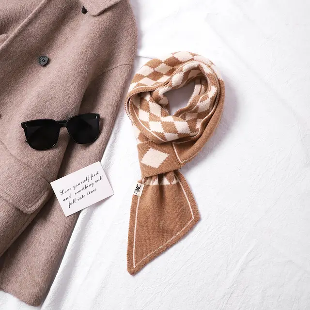 Neck Protection Houndstooth Narrow Scarf Small Long Knitted Small Scarf Zc2313 Khaki - Shop at LoveMi