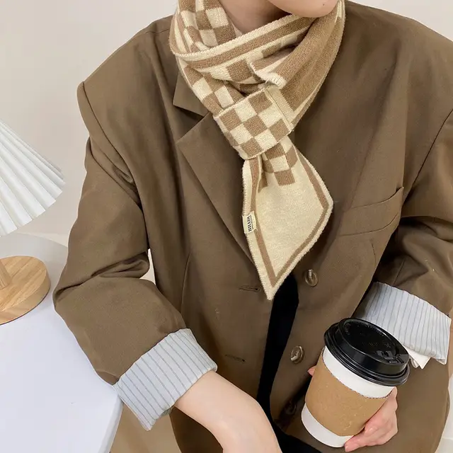 Neck Protection Houndstooth Narrow Scarf Small Long Knitted Small Scarf Zc2315 Khaki - Shop at LoveMi