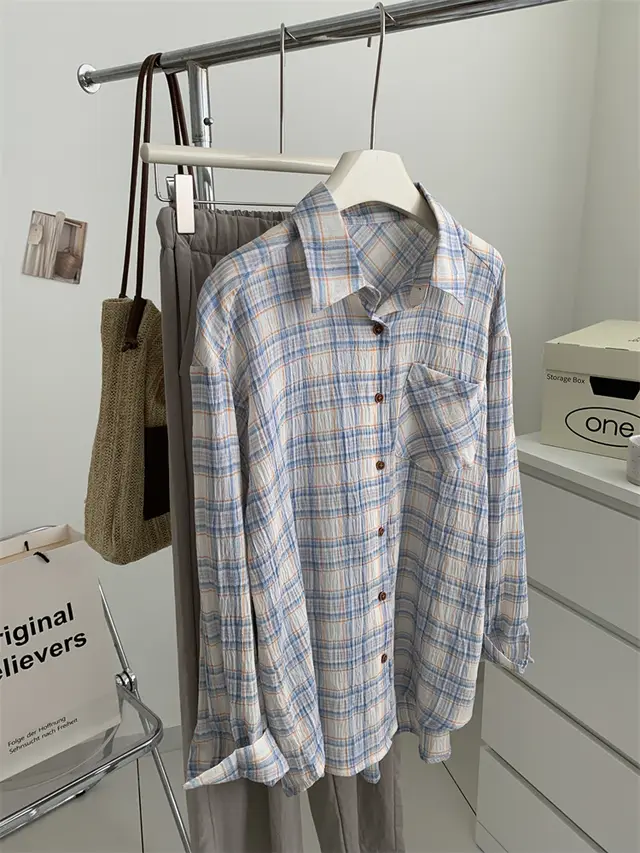 Women's Art Retro Washed Cotton Yarn Checkered Shirt Blue Plaid - Shop at LoveMi