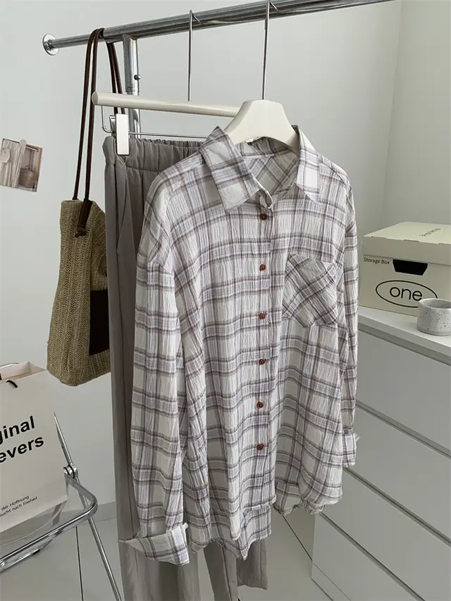 Women's Art Retro Washed Cotton Yarn Checkered Shirt Coffee Grid - Shop at LoveMi