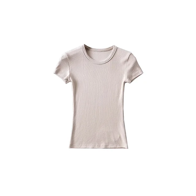 Basic Style Round Neck Tight Stretch Solid Color Short Sleeve T shirt Top Beige Conventional Style - Shop at LoveMi