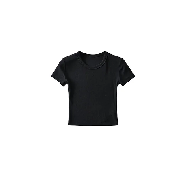 Basic Style Round Neck Tight Stretch Solid Color Short Sleeve T shirt Top Black Navel - Shop at LoveMi