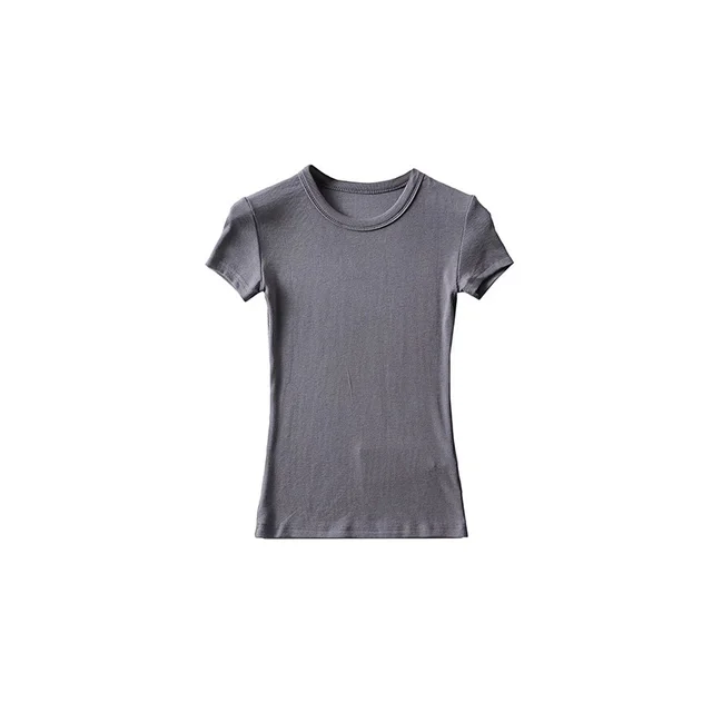 Basic Style Round Neck Tight Stretch Solid Color Short Sleeve T shirt Top Dark Gray Common Style - Shop at LoveMi