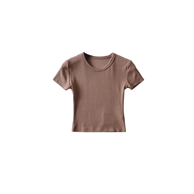 Basic Style Round Neck Tight Stretch Solid Color Short Sleeve T shirt Top Deep Khaki Navel - Shop at LoveMi