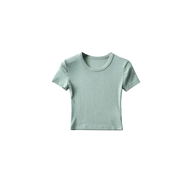 Basic Style Round Neck Tight Stretch Solid Color Short Sleeve T shirt Top Green Navel - Shop at LoveMi