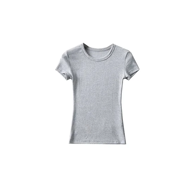 Basic Style Round Neck Tight Stretch Solid Color Short Sleeve T shirt Top Light Gray Common Style - Shop at LoveMi
