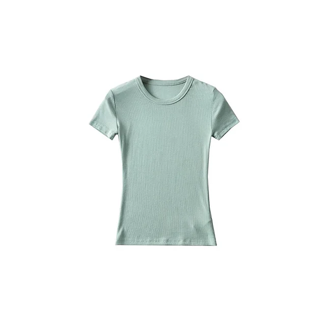 Basic Style Round Neck Tight Stretch Solid Color Short Sleeve T shirt Top Traditional Green Style - Shop at LoveMi