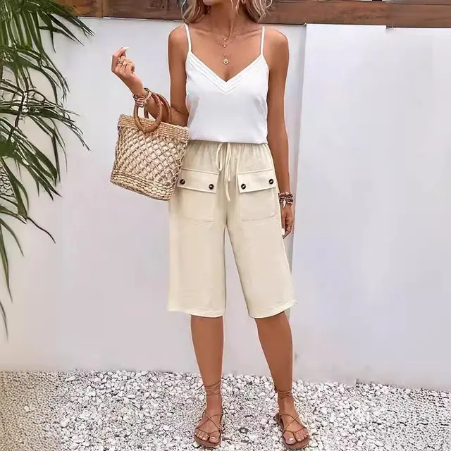 Loose Solid Color Drawstring Lace Casual Pants Apricot - Shop at LoveMi