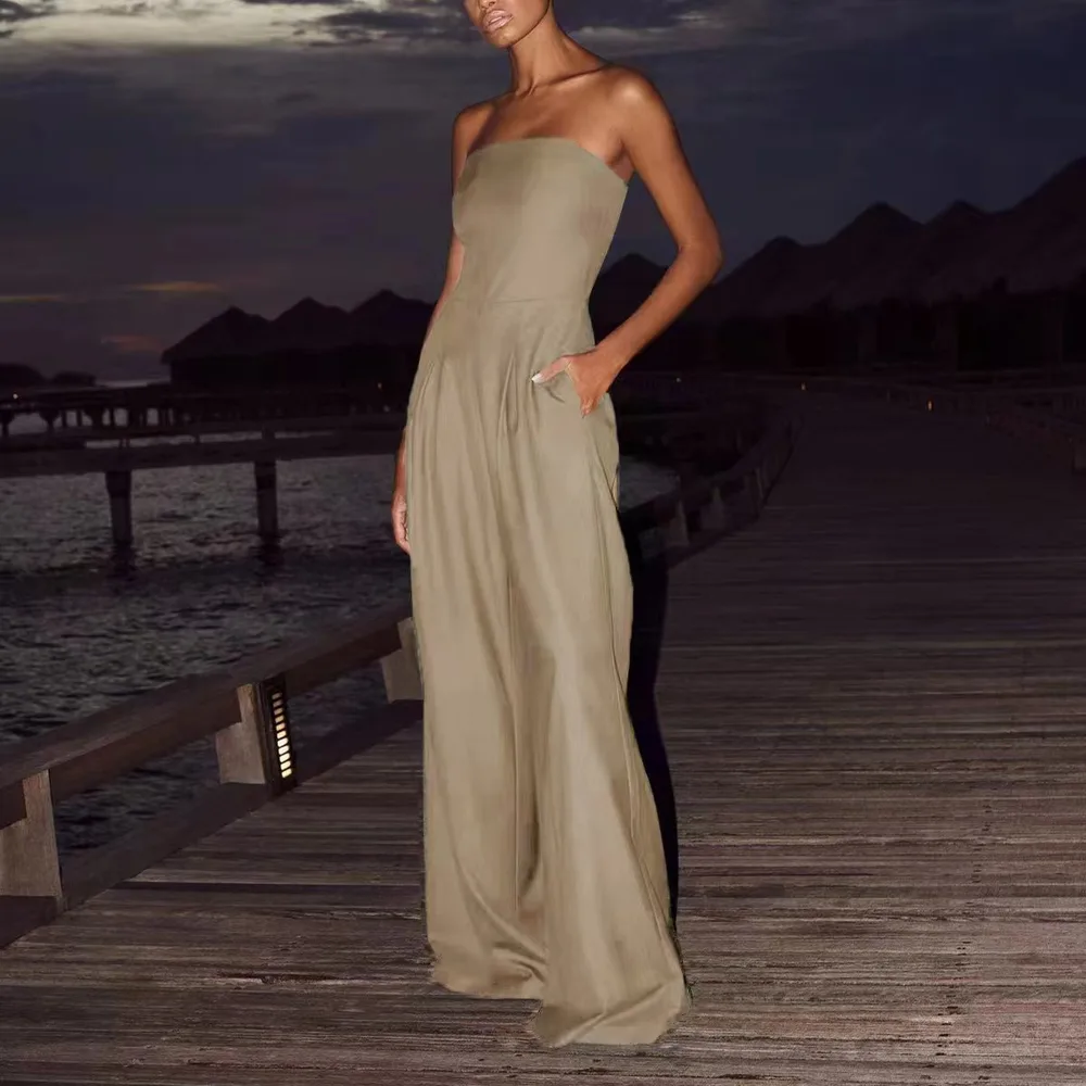 Loose Tube-top Jumpsuit Ins Fashion Backless Wide Leg Long Pants Overalls Women's Clothing - Khaki