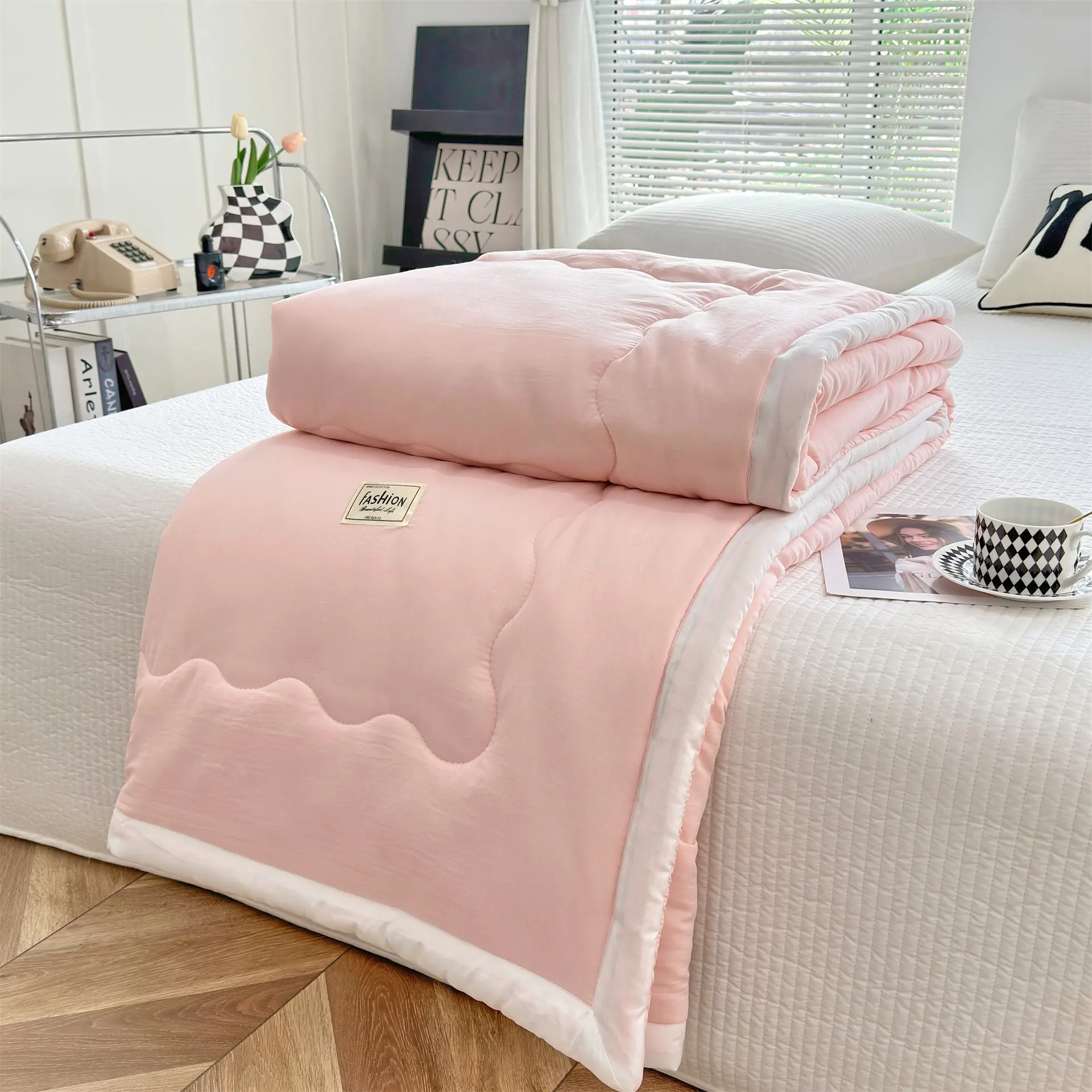 Summer Quilt Solid Color Air-conditioning Summer Cooling Duvet Double Gift Quilt Washable Single Thin Duvet - Cherry Blossom Powder