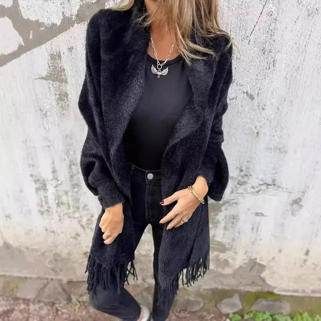 Women's Knitted Batwing Sleeve Cardigan With Tassel Design Fashion Loose Shawl Outwear Clothing Black - Shop at LoveMi