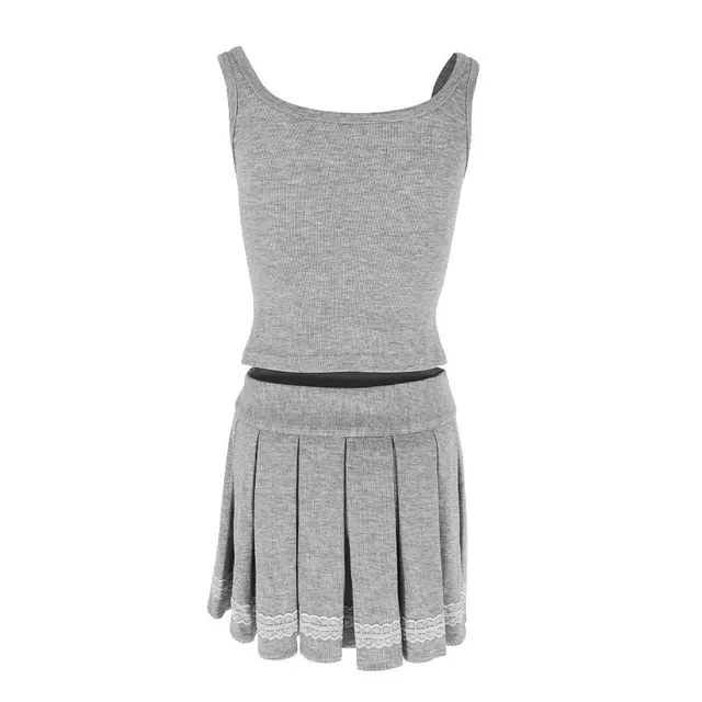 Slim Fit Vest Top Ultra Short Pleated Skirt Two piece Suit Gray - Shop at LoveMi
