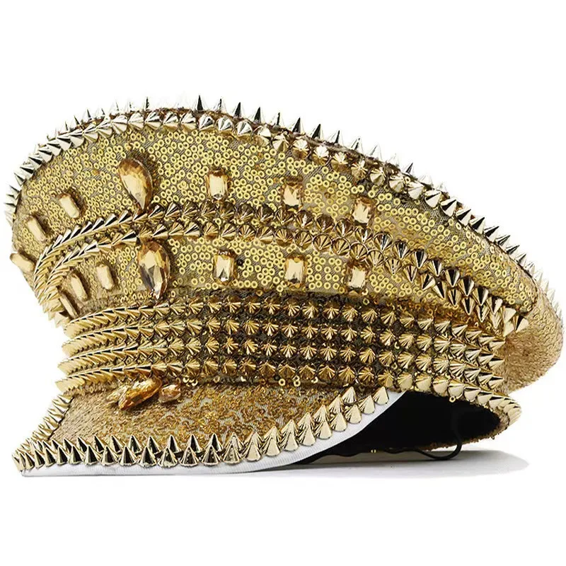 European And American Fashion Rhinestone Women's Diamond Rivets Party Ball Cross border Export Hat Free Size Cool Punk Gold - Shop at LoveMi