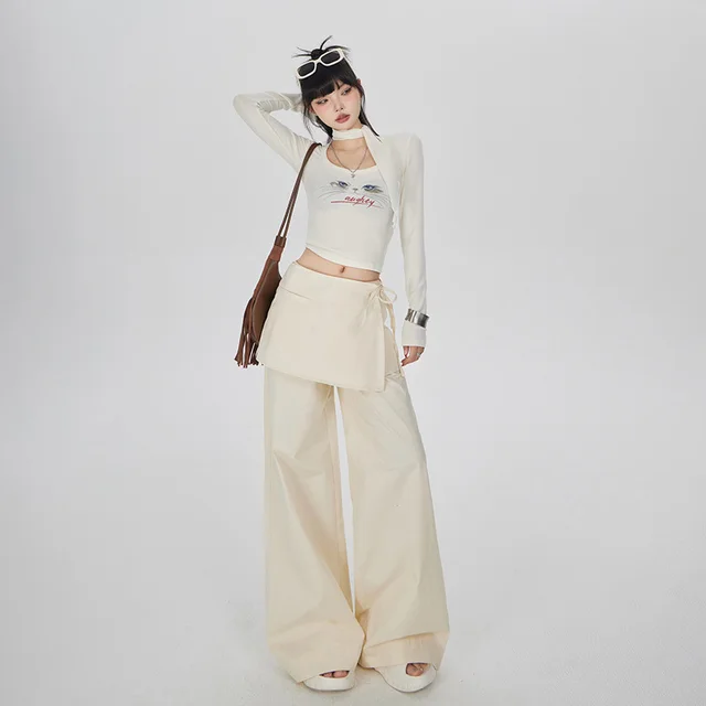 Bandage Dress Fake Two piece Casual Wide leg Pants Slimming Straight leg Trousers Khaki Trousers - Shop at LoveMi