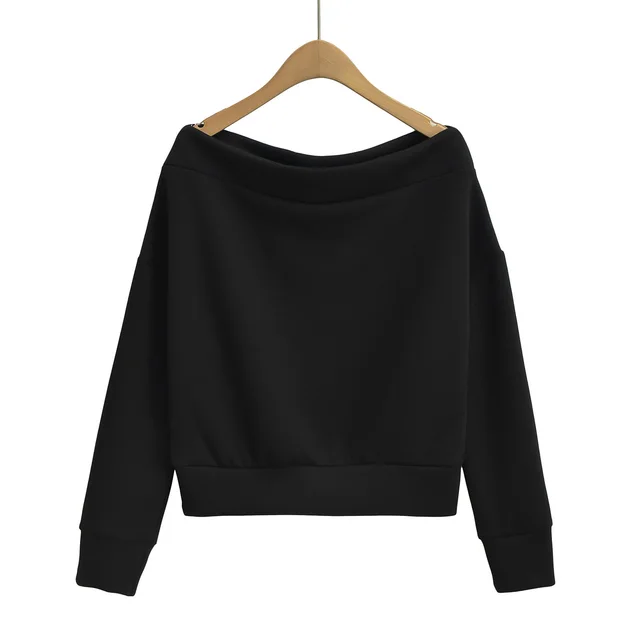 Women's French Off shoulder Shoulder baring Pullover Long Sleeve Sweater Black - Shop at LoveMi