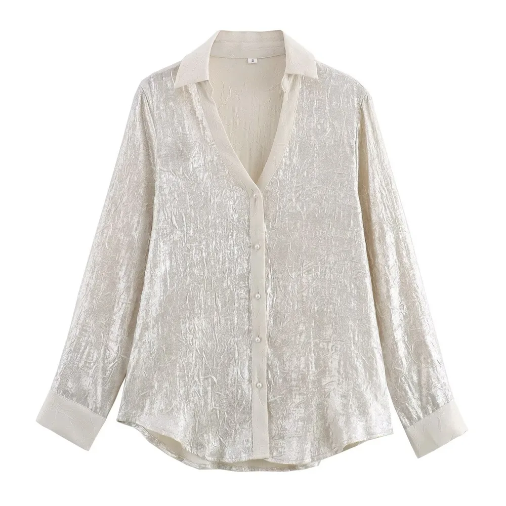 Women's Lapel V-neck Bronzing Long-sleeved Shirt - White