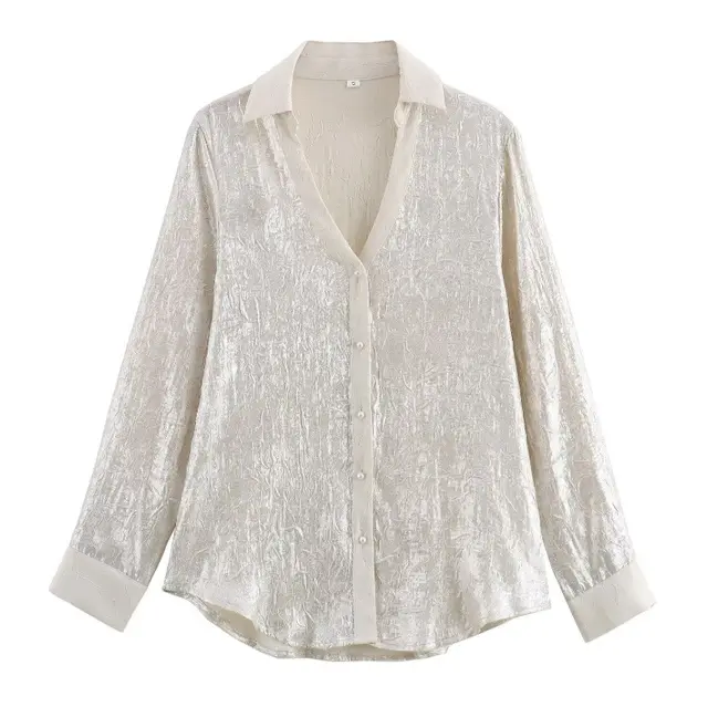 Women's Lapel V neck Bronzing Long sleeved Shirt White - Shop at LoveMi