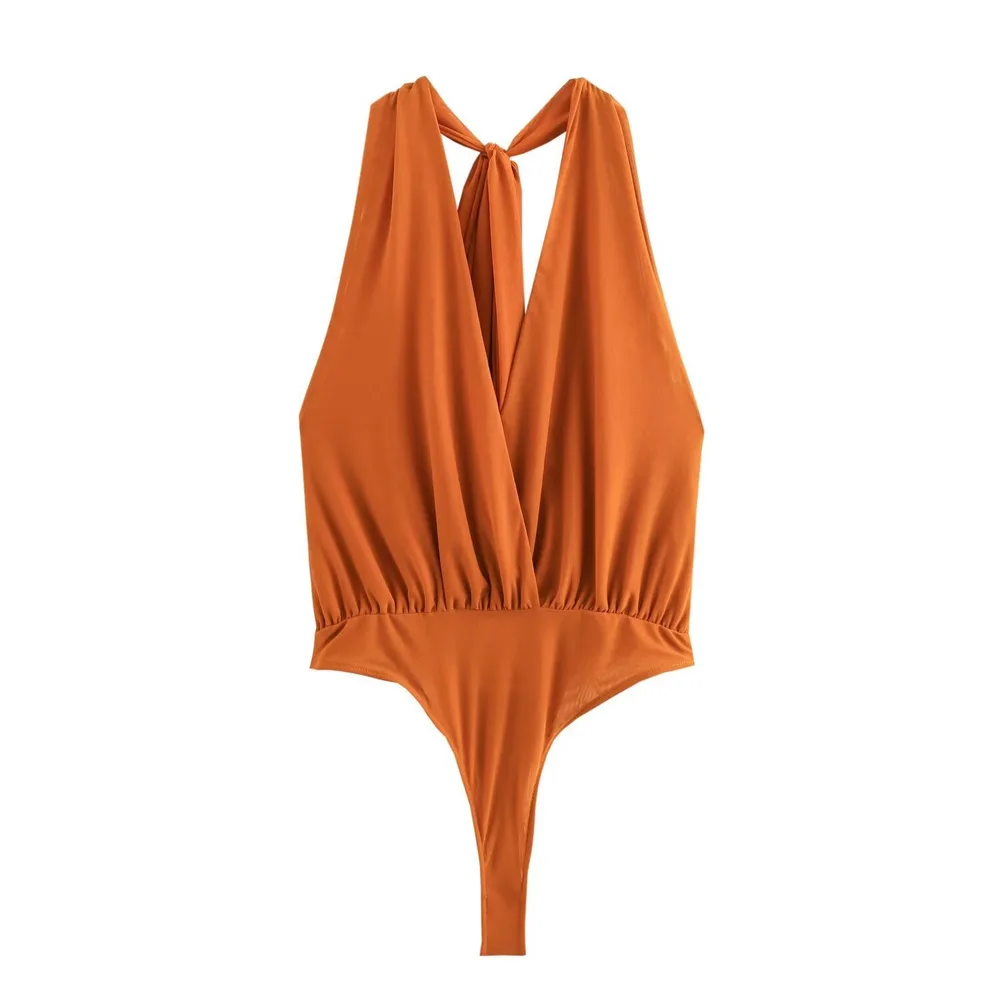New Women's V-neck Halter Shoulder Strap With Backless Sleeveless Leotard - Orange