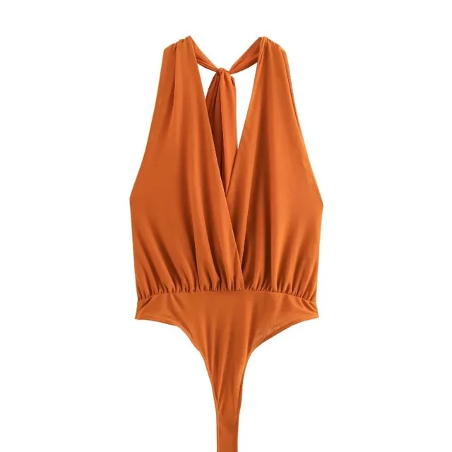 New Women's V neck Halter Shoulder Strap With Backless Sleeveless Leotard Orange - Shop at LoveMi