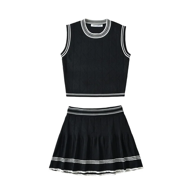 Women's American style Contrast Color Striped Knitted Vest Skirt Casual Suit Black - Shop at LoveMi