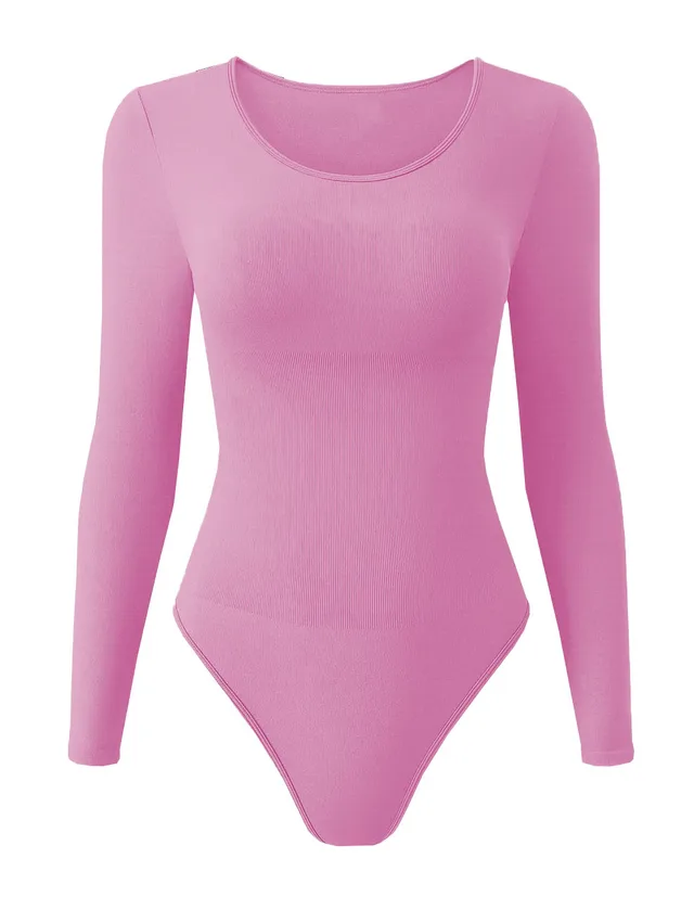 Women's Ribbed Round Neck Long Sleeve Jumpsuit Glittering Pink - Shop at LoveMi