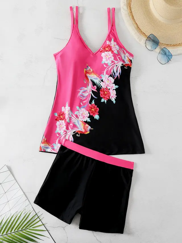 Ethnic Print Split Women's Boyshorts Swimsuit Popular Swimsuit Rose Red - Shop at LoveMi