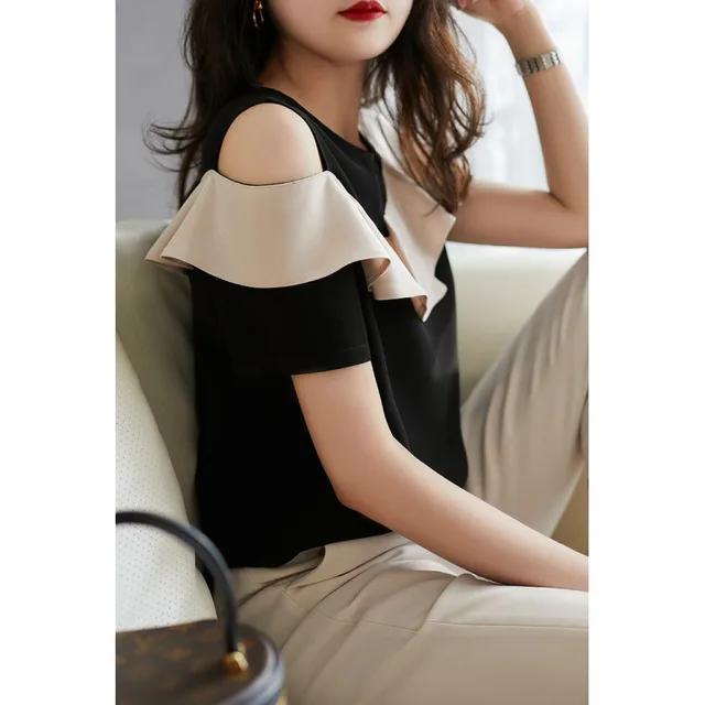 Short sleeved Summer Clothes Loose Off the shoulder Ruffled Chiffon Blouse Black - Shop at LoveMi