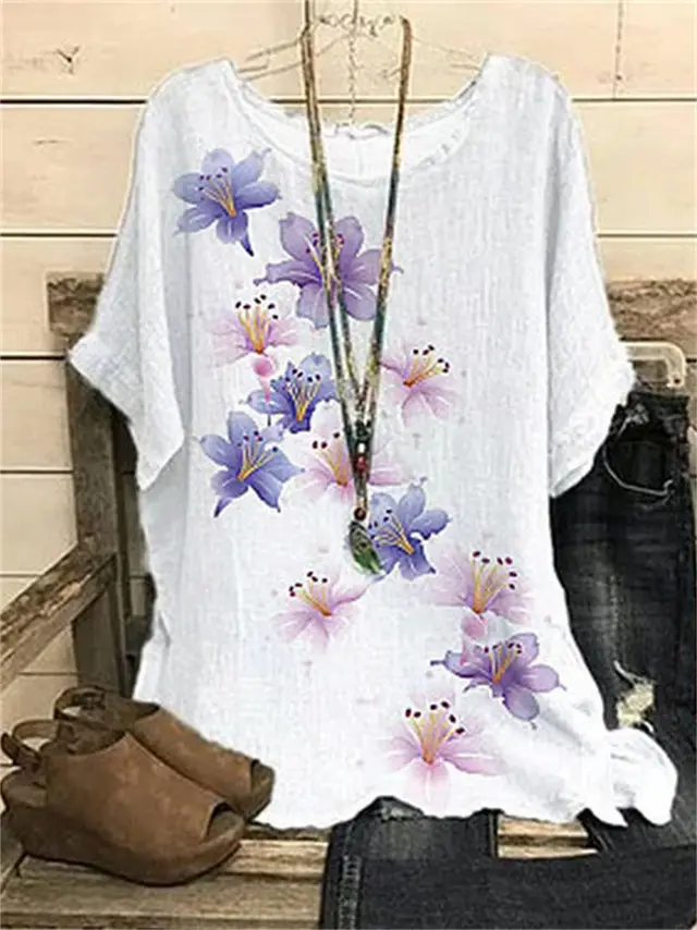 Pattern Printed Loose Short Sleeve Round Neck Shirt Ht05 - Shop at LoveMi