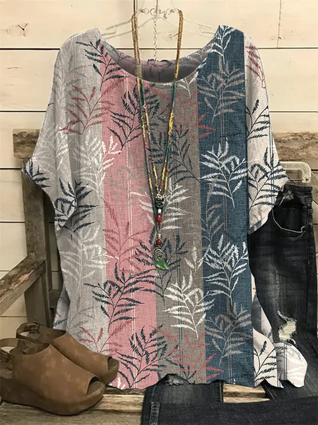 Pattern Printed Loose Short Sleeve Round Neck Shirt Ht06 - Shop at LoveMi