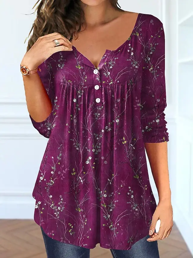 Beauty Summer Loose V neck Pullover Short Sleeve Button Printed T shirt Kdzcx014 - Shop at LoveMi