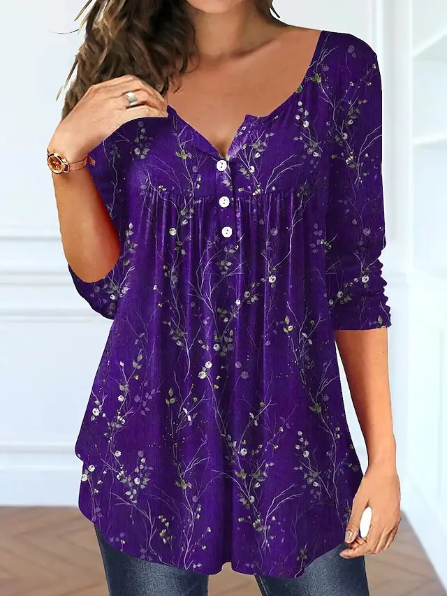 Beauty Summer Loose V neck Pullover Short Sleeve Button Printed T shirt Kdzcx015 - Shop at LoveMi